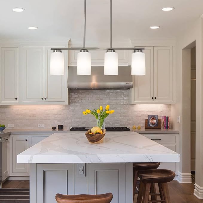 Brushed Nickel Kitchen Island Light, Farmhouse Pendant Light Fixtures with Opal White Glass Shades Modern Linear Ceiling Hanging Light for Living Room