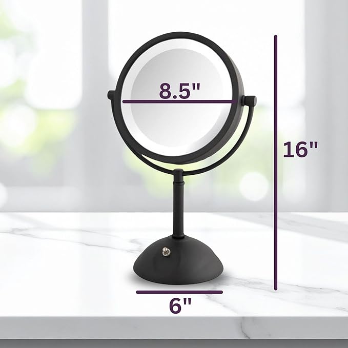 JERDON Lighted Makeup Mirror with Magnification - 1X and 8X Magnification - Black Makeup Mirror - Model HL8808BKL