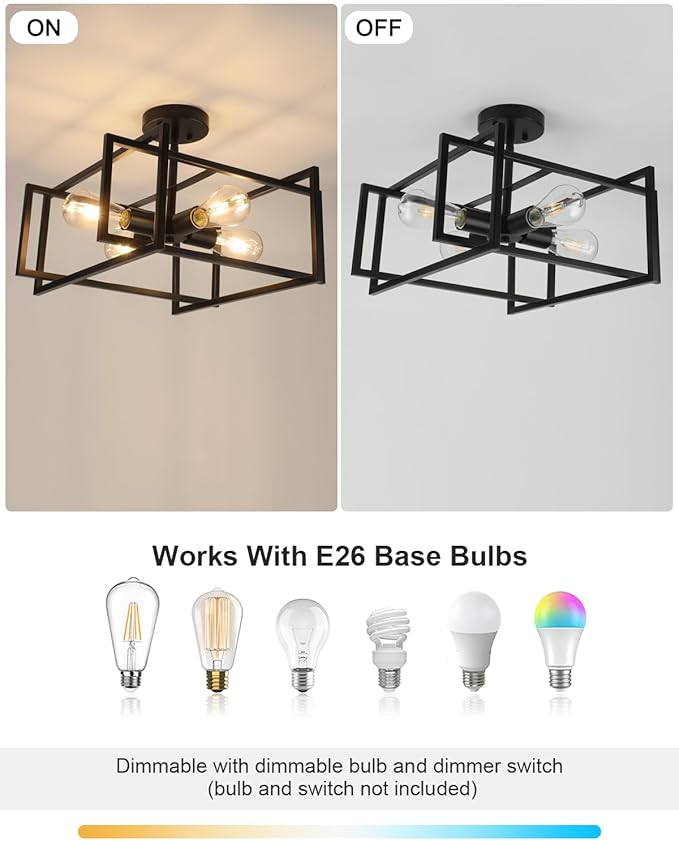 WILON Black Ceiling Light Fixture, 4-Light Farmhouse Light Fixtures Ceiling Mount, Modern Square Semi Flush Chandelier Ceiling Lamp for Kitchen Dining Room Bedroom Laundry Room Living Room