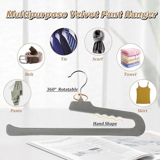Velvet Non Slip Felt Pants Hangers, 32 Pack - Slim & Sleek Heavy Duty Space Saving Closet Hangers with 360 Swivel Hook - Tank Top, Suit Pants, Towel (Grey)