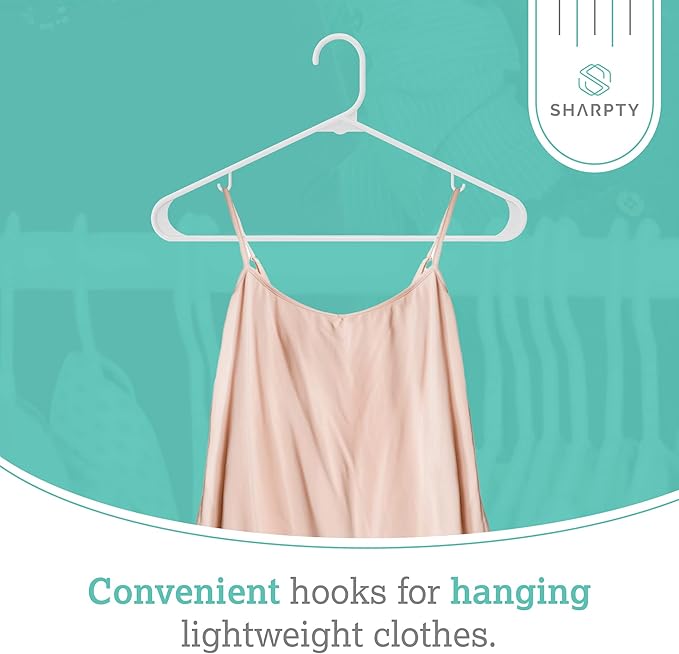 Sharpty Plastic Hangers Clothes Hangers for Clothing, Closet, Coats & Shirts - Durable, Thick, Tough & Space Saving - for Everyday Standard Use, Room Essentials & Basics - 20 Pack - White