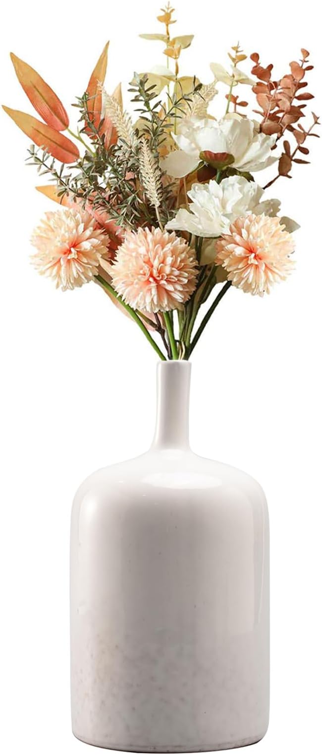 White Ceramic Vase Home Decorations - Modern Vase with Long Neck, Reactive Glazee White Vases for Flower, Flower Arrangement Spring Decorations for Home 4.5 x 4.5 x 9.5 Inch Cynkeyee