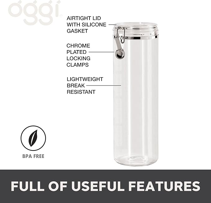 OGGI Tall Clear Canister with Clamp Lid, 58 oz - Large Airtight Food Storage Container, Ideal for Kitchen & Pantry Storage of Bulk, Dry Foods Including Pasta & Spaghetti, Plastic