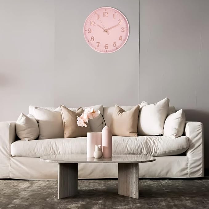 HZDHCLH Pink Wall Clocks Battery Operated,12 inch Silent Non Ticking Modern Wall Clock for Living Room Bedroom Kitchen Office Classroom Decor