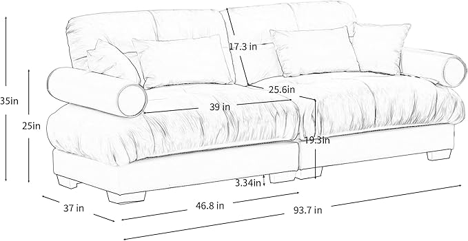 Ball & Cast 93.7" Oversized Modular Sectional Sofa 2-Seater Cloud Couch with Waist Pillows and Throw Pillows,Velvet Loveseat w/Bolstered Armrests,for Living Room,Home Theater,Apartment,Velvet,Grey