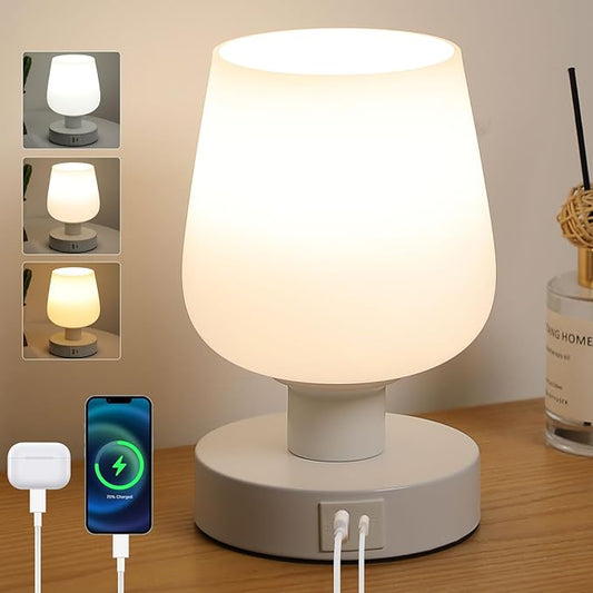 Touch Bedside Table Lamp with USB A+C Ports, Dimmable Small Table Lamp for Bedroom with White Opal Glass Lamp Shade and LED Bulb, Modern Nightstand Lamps, Desk Lamp with Plug for Living Room