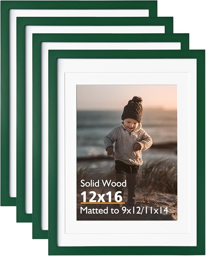 KINLINK 12x16 Picture Frame Green, Solid Wood Frames with Acrylic Plexiglass for Pictures 11x14/9x12 with Mat or 12x16 without Mat, Wall Display Photo Frame, Set of 4