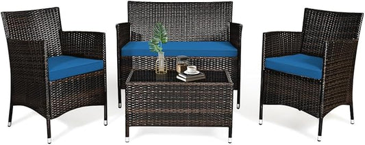 Tangkula 4 Pieces Patio Rattan Conversation Set with Tempered Glass Coffee Table & Thick Cushion, Wicker Set for Garden, Lawn, Poolside and Backyard