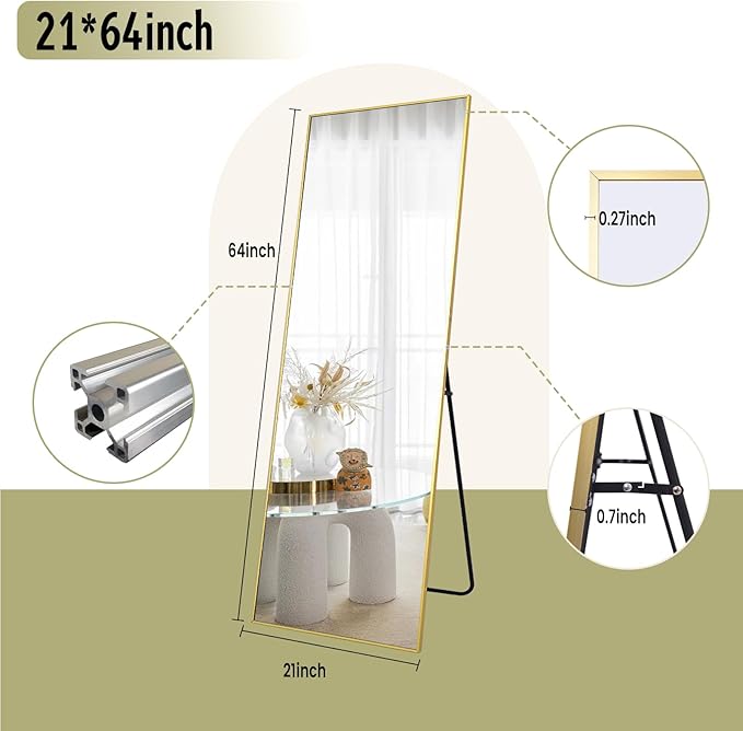 BEAUTYPEAK Full Length Mirror 64"x21", Standing Rectangle Floor or Wall-Mounted Mirrors for Living Room, Bedroom, Gold