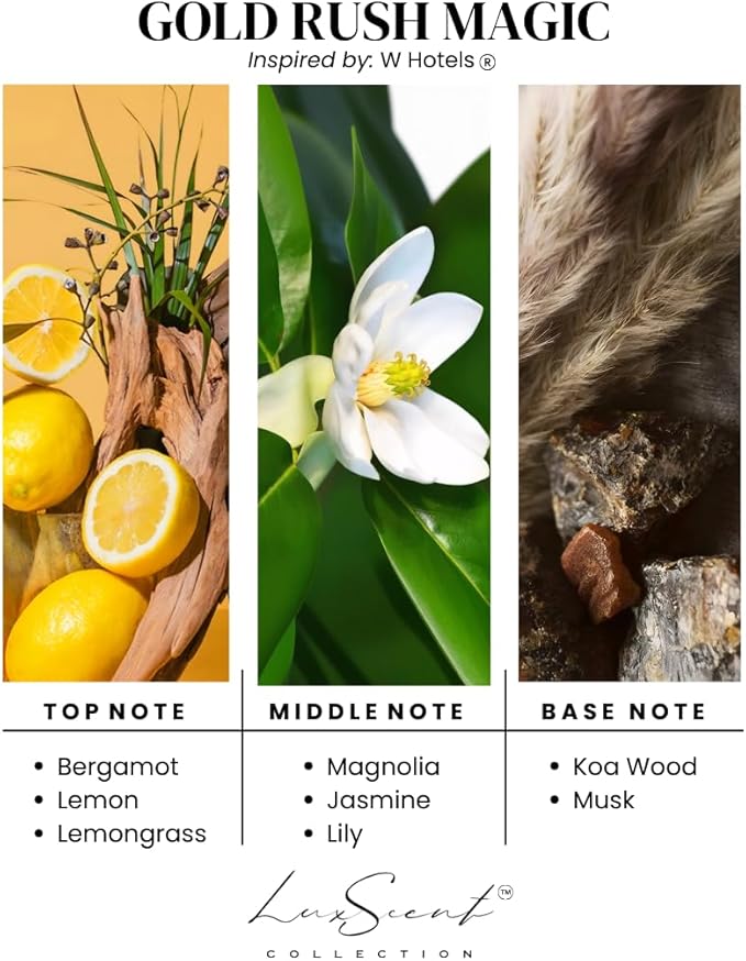 Aroma Scent Diffuser Starter Kit for Up to 1000SQ. FT. Coverage - 120ML Waterless Essential Oil Scent Included - Luxury Aroma Diffuser Ideal for Home, Office & Hotel (Black, Gold Rush Magic)