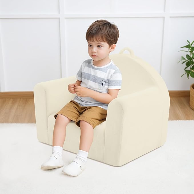 MeMoreCool Folding Toddler Chair, Comfy Plush Fold Out Kids Couch Sofa, Convertible Kid Sofa Bed, Flip Out Baby Recliner Foldable Children Sofa for Toddlers 1-4 Girls Boys, Beige