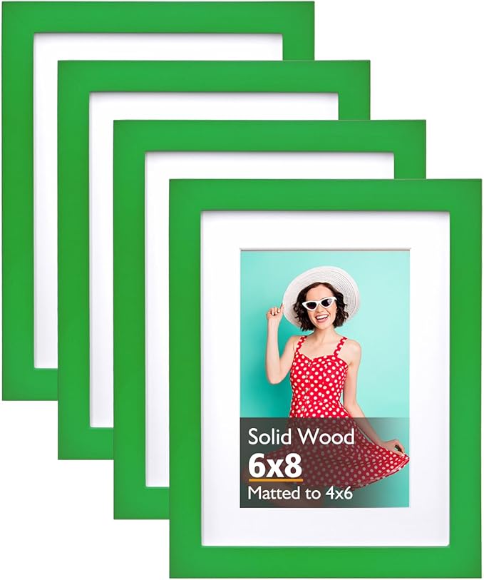 KINLINK 6x8 Picture Frame Grass Green, Solid Wood Frames with Acrylic Plexiglass for Pictures 4x6 with Mat or 6x8 without Mat, Tabletop and Wall Display Photo Frame, 4 Pack