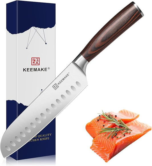 KEEMAKE Chef Santoku Knife: 7 Inch Ultra Sharp Kitchen Knife with Stainless Steel Blade Japanese Knife for Cooking Meat Fruit Vegetable, with Ergonomic Pakkawood Handle and Gift Box Included