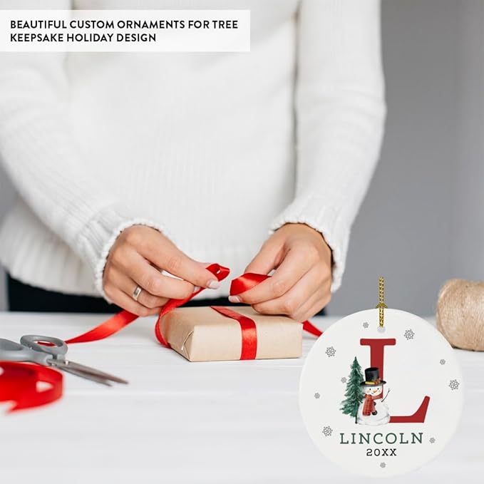 Andaz Press Personalized Ornament, Custom Name, Initial L Monogram Snowman 2.8" Ceramic Porcelain 2025 Christmas Ornament Keepsake for Kids, Boys, Girls, Includes Gold Ribbon & Gift Box, 1-Pack