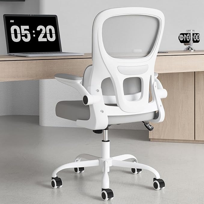 Soohow Office Chair, Mesh Ergonomic Office Chair with Lumbar Support, Comfy Computer Desk Chair with Flip Armrest Rolling Wheels for Home Study Room Office, White & Gray
