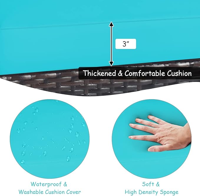 Tangkula 3 Pieces Patio Furniture Set, Outdoor Rattan Sofa and Side Table w/Solid Acacia Wood Frame, High Load Bearing Conversation Bistro Set w/Washable and Removable Cushions (Turquoise)