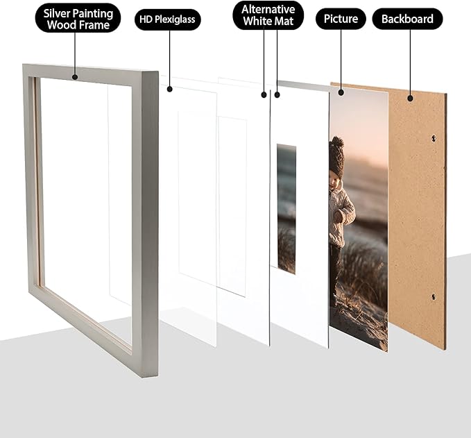 KINLINK 11x14 Picture Frame Light Grey, Solid Wood Frames with Acrylic Plexiglass for Pictures 5x7/8x10 with Mat or 11x14 without Mat,Tabletop and Wall Display Set of 4