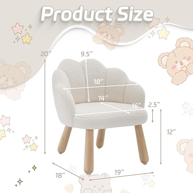 Toddler Chairs, Kid Chairs with Solid Wooden Frame, Toddler Armchair Comfy, Upholstered Kids Chair with Flower Back, Kid Sofa, Toddler Couch for Playroom, Kindergarten & Preschool, White