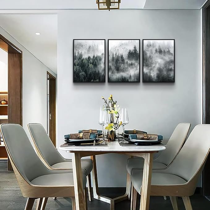 MHARTK66 Black Framed Wall Art For Living Room Modern Decorations Bedroom Foggy Forest Trees Landscape Painting Office Decor Home Ready To Hang a Pictures Of 3 Piece Prints