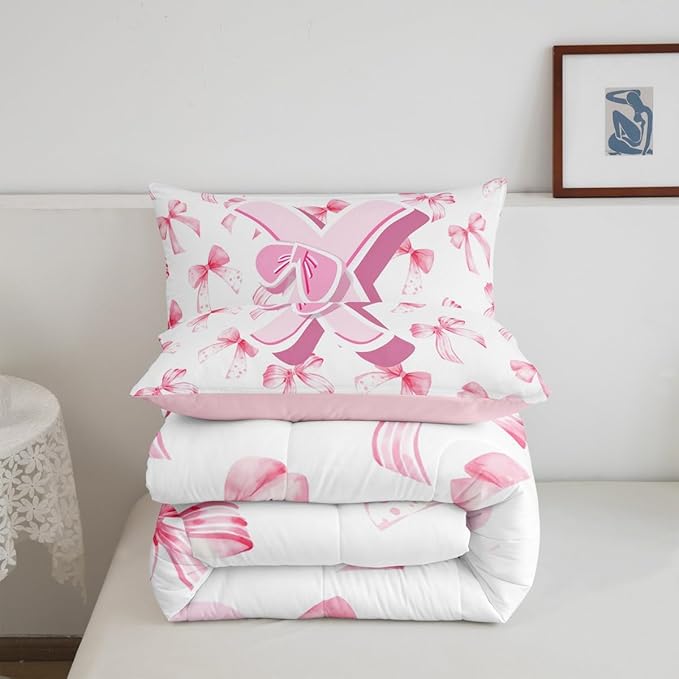 jejeloiu Kids Girls Cute Pink Bow Comforter Set Full Size Monogrammed Bedding Set Ultra Soft Personalized Initial X Duvet Quilt Coquette Bow Knot Quilt Set Room Decor Modern Fashion Comforter