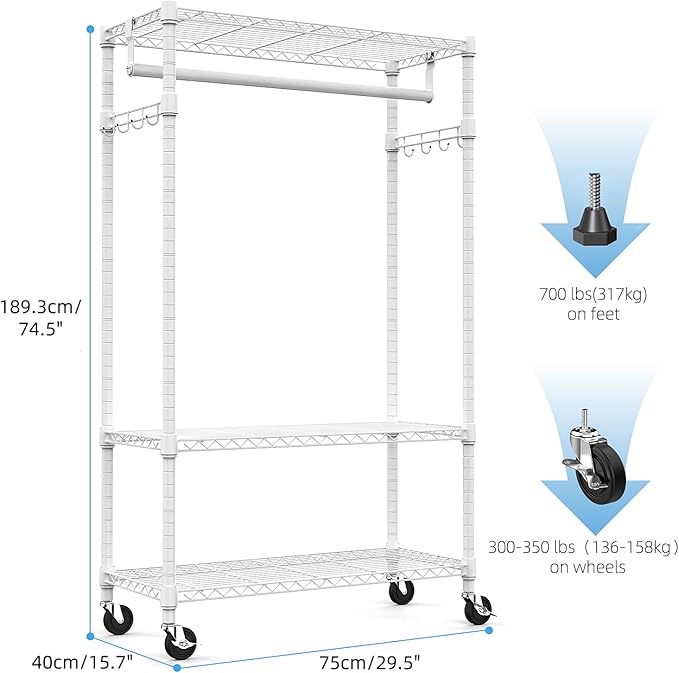 Heavy Duty Rolling Garment Rack 3 Tiers Adjustable Wire Shelving Clothes Rack with Rods and Side Hooks,Storage Closet Clothing Rack with Wheels White 15.7" D x 29.5" W x 74.5" H
