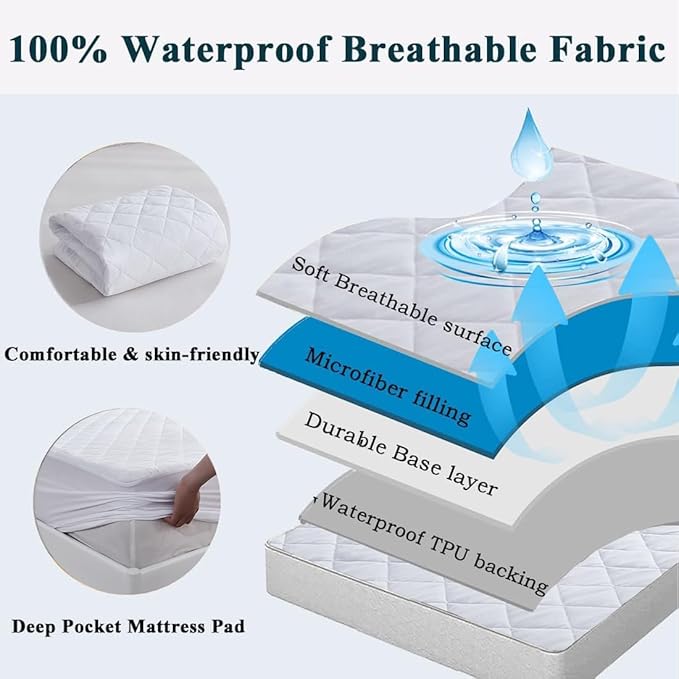 Queen Waterproof Mattress Pad, 8-21" Deep Pocket Protector Ultra Soft Quilted Fitted Topper Cover Breathable Fit for Dorm Home Hotel - White