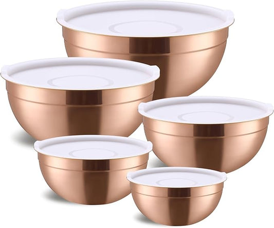 Rose Gold Mixing Bowls with Airtight Lids, Stainless Steel Nesting Mixing Bowls Set of 5, Ideal for Baking, Prepping and Serving Food, Size 5.5, 3.6, 2.7, 2.1, 1.5, QT, Stackable Design