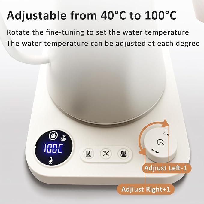 Gooseneck electric kettle,Auto Boil Detection, with Variable Temperature Control, Stainless Steel Inner, Ultra-Quiet 304 Stainless Steel,1200W Quick Heating, for Coffee, Tea & Milk, 0.9L (Beige）