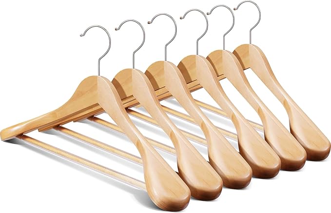 Wide Shoulder Hanger 10 Pack,Solid Wood Hanger,Heavy Duty Suit Hangers,Coat Hangers with Retotating Hooks & Non Slip Pants Bar,Smooth Clothes Hangers for Sweater, Pants, Jacket(Natural