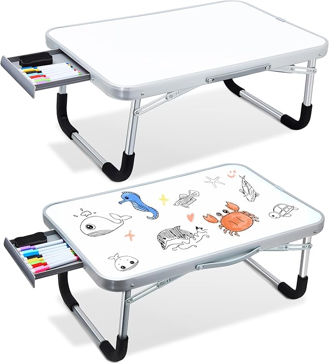 Suzile 2 Pcs Kids Lap Desk with Dry Erase Board, 24" x 16" Foldable Study Tray with Drawer, Markers & Eraser, Portable Desk for Art, Homework, First Day & Back to School Supplies