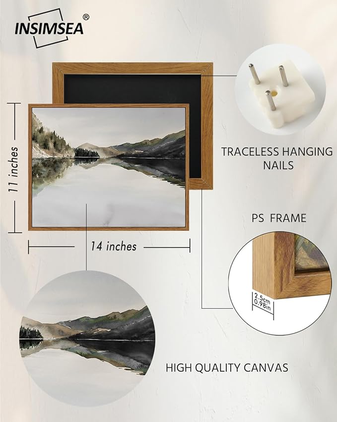 InSimSea Framed Wall Art for Living Room Mountain Reflection Decor Vintage Wall Art Mountain Range Nature Wilderness Art Decorative Rustic for Living Room Bedroom Office Wall Decor 11x14in