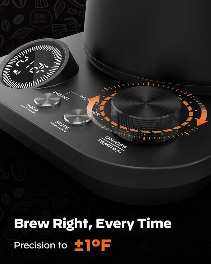 Silonn Electric Gooseneck Kettle - ±1°F Precise Temp Control, 0.9L 304 Stainless Steel | 4-Hour 212°F Keep Warm, 7 Presets & LED Brew Timer for Pour-Over Coffee