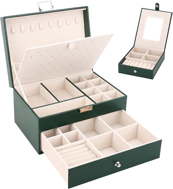 DesignSter Jewelry Organizer Box, 2 Layers Large Jewelry Box with Travel Jewelry Case, Leather Jewelry Storage Case for Rings Earrings Bracelets Necklaces (Green)