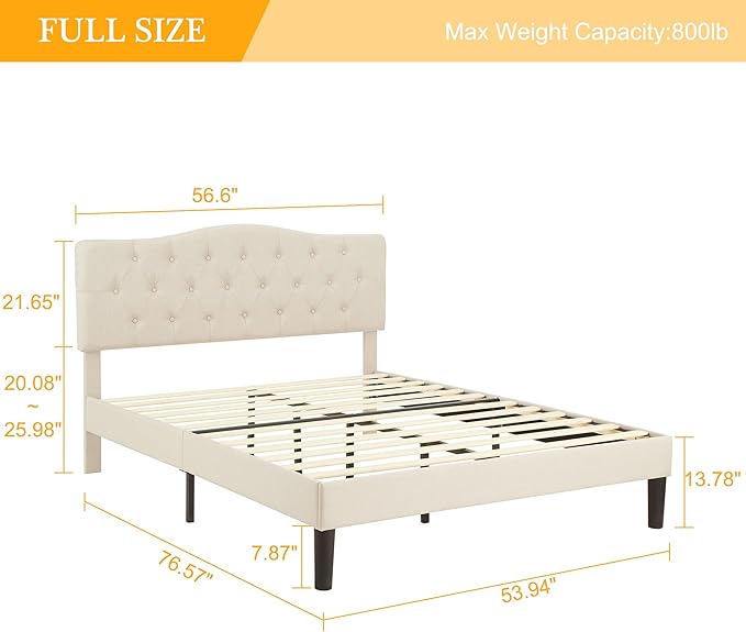 VECELO Full Size Bed Frame Upholstered Platform with Tufted Adjustable Headboard/Mattress Foundation with Wood Slat Support, Easy Assembly,Beige
