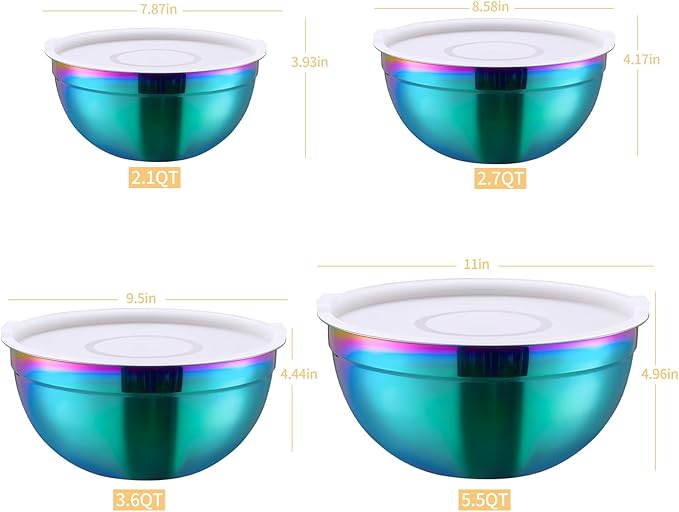 4-Piece Rainbow Stainless Steel Mixing & Serving Bowl Set With Airtight Lid, Unbreakable Deep Soup Bowl
