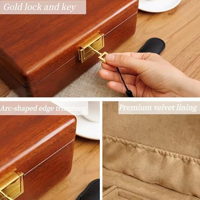 Bescott 2 Layer Solid Wooden Jewelry Box with Lock and Key for Women Men Vintage Velvet Wood Jewelry Organizer Storage for Earrings Rings Necklaces Bracelet Watch Mother’s Day Gift