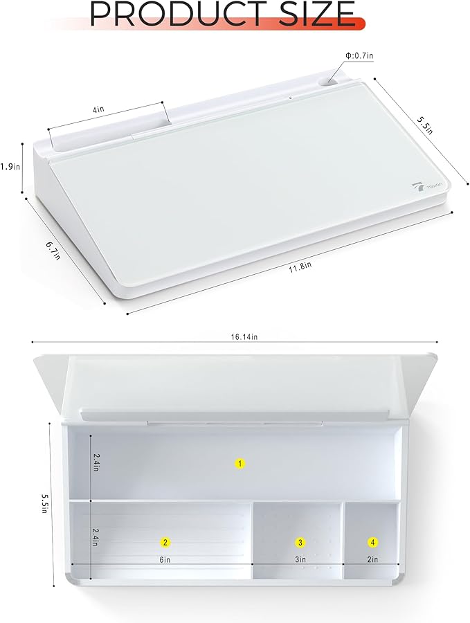 TOWON Small Compact Glass Desktop Whiteboard with Storage – 12 x 7 in Dry Erase Board for Desk, Home Office, School | Includes 5 Markers, Eraser & Holder | Space-Saving Organizer, Aesthetic White