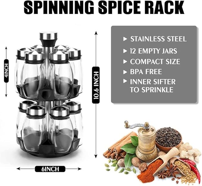 Revolving Spice Rack Organizer Storage for kitchen, Spice Stand Holder, Spinning Countertop Herb and Spice Rack Organizer with 12 Glass Jar Bottles Set