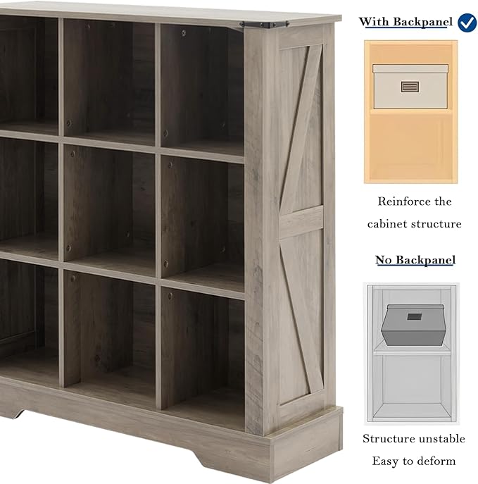 9 Cube Storage Organizer, 3 Tier Bookshelf for Living Room, Farmhouse Bookcase with Led, Kids Toy Storage Cabinet, Wall Cubby Shelves for Home Decor, Wood Display Cabinet for Bedroom, Grey