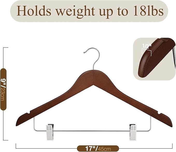 Wooden Hangers with Clips 24 Pack Wooden Pants Hangers,Skirt Hangers with Clips,Adjustable Heavy Duty Clip Hangers,Hangers for Pants,Jeans,Slacks,Shorts （Walunt）
