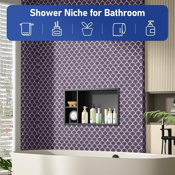 Stainless Steel Shower Niche 24" X 12" Matte Black No Tile Needed Horizontal Niche Shower with Shelf Recessed Wall Niches for Bathroom Storage