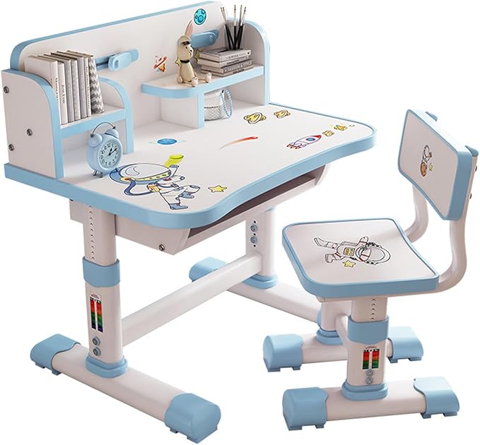 Kids Functional Desk and Chair Set, Height Adjustable Children School Study Table Chair Set with Cartoon Pattern, Ergonomic Desk Chair with Large Writing Board, Bookshelf and Book Bucket