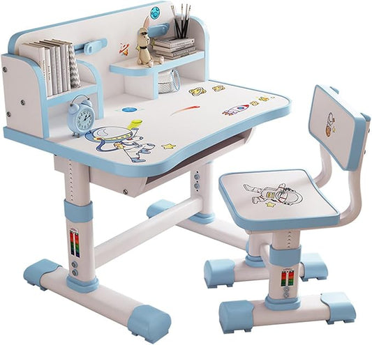 Kids Functional Desk and Chair Set, Height Adjustable Children School Study Table Chair Set with Cartoon Pattern, Ergonomic Desk Chair with Large Writing Board, Bookshelf and Book Bucket