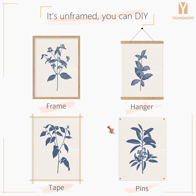 French Country Minimalist Plant Wall Decor - Blue Botanical Sketch Drawing Etching Wall Art - Farmhouse Leaf Poster Kitchen - Beige Neutral Vintage Flower Print Picture - Antique Minimal Blue Floral