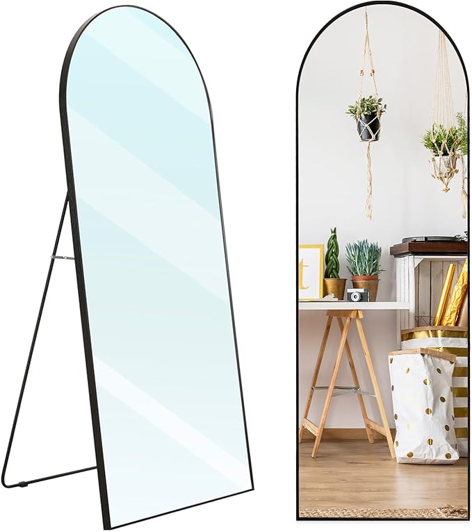 Arched Full Body Mirror, 55''x 18'' With Black Aluminum Alloy Frame, Floor Not Fragile Tempered Glass Leaning Against Wall for Living Room, Women Dressing Clothes