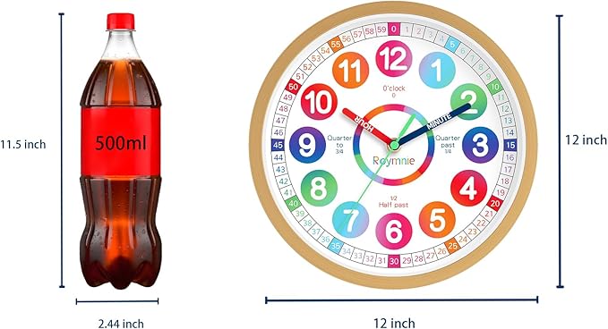 Learning Clock for Kids Telling Time Easily Teaching Clock Silent Non Ticking Battery Operated Colorful Teaching Time Clock Decorative for Kids Room Classroom School Playroom (12 Inch)