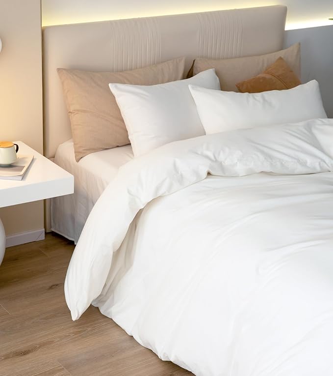 JIYUAN 100% Washed Cotton Duvet Cover Set 3 Pieces Oversized Queen, 1 Duvet Cover 98x98 Inches(Comforter Not Included) and 2 Pillowcases,Linen Feel Bedding Set Comfy and Breathable,Bright White