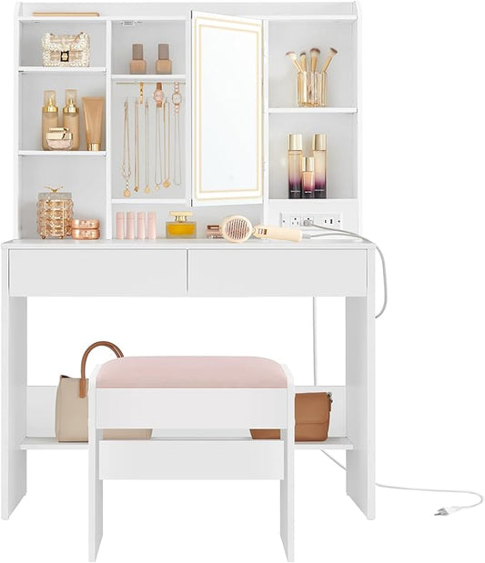 VASAGLE KAILYN Collection - Vanity Desk with Power Outlets, Makeup Vanity with Mirror and Lights, Upholstered Vanity Stool, LED Lights, 6 Compartments, 2 Drawers, for Bedroom, Cloud White URDT031W01