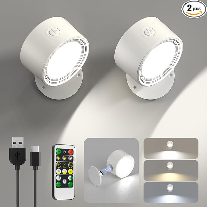 LED Wall Sconces 2 Pcs with Remote, Wall Mounted Lights Rechargeable Battery Operated, 3 Color Temperatures & Dimmable Wall Lamp Magnetic 360° Rotation Wireless Light for Bedroom Living Room