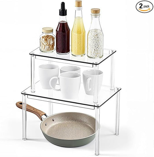 Acrylic Cabinet Organizer Shelf-2 Pack,Stackable Spice Rack Organizer for Cabinet,Clear Shelves for Kitchen Organizers and Storage